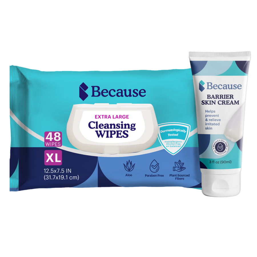 Package of Because cleansing wipes and one bottle of Because barrier skin cream on white background