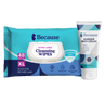Package of Because cleansing wipes and one bottle of Because barrier skin cream on white background
