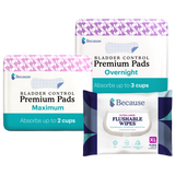 Pads Bundle: 1 pack of Maximum Premium Pads, 1 pack of Overnight Premium Pads and 1 pack of Flushable Wipes.