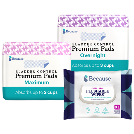 Pads Bundle: 1 pack of Maximum Premium Pads, 1 pack of Overnight Premium Pads and 1 pack of Flushable Wipes.
