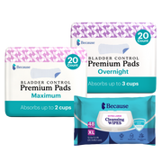 Pads Bundle: 1 pack of Maximum Premium Pads, 1 pack of Overnight Premium Pads and 1 pack of Cleansing Wipes.