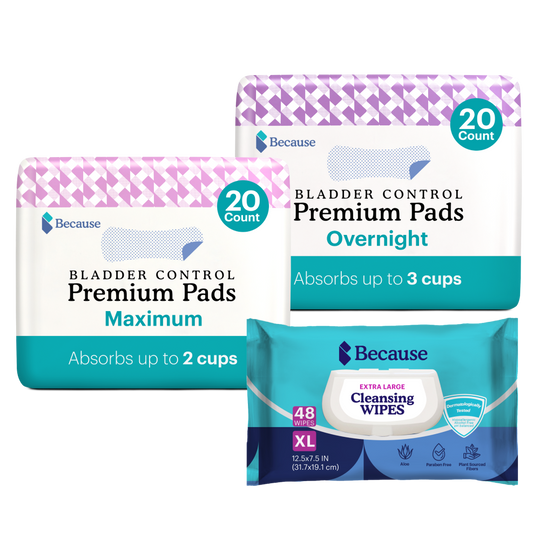 Pads Bundle: 1 pack of Maximum Premium Pads, 1 pack of Overnight Premium Pads and 1 pack of Cleansing Wipes.