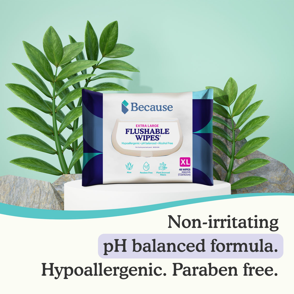 Extra Large Flushable Wipes package with the text: Non-irritating pH balanced formula. Hypoallergenic. Paraben free.