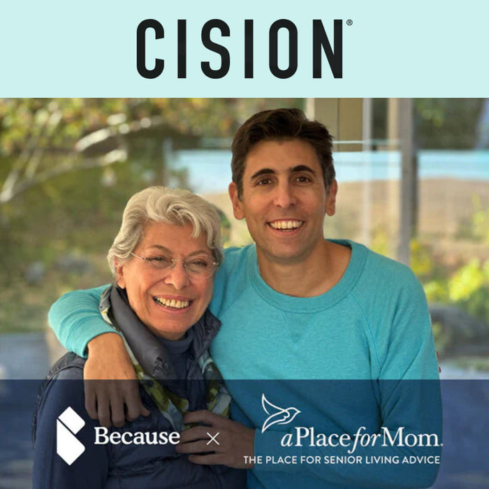 Image shows Cision logo, founder Alexi and his mom with a banner that features the Because Market logo and A Place for Mom logo