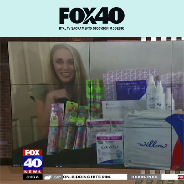 Image shows a clip from a live TV segment on Because products and the Fox40 logo