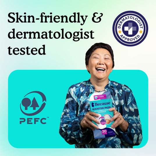 Image shows woman holding booster pads and a seal reading "dermatologist approved"