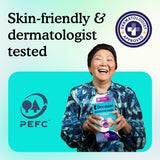 Image shows woman holding booster pads and a seal reading "dermatologist approved"