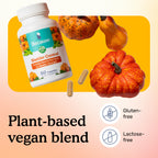 Because bladder control supplement bottle with three orange squash with text "Plant-based vegan blend. Gluten-free and Lactose-free"