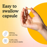 Easy to swallow capsule. It's 600mg per serving. Take 2 pills a day, for at least 6 weeks.