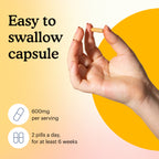 Hand holding Because bladder control supplement with text  "Easy to swallow capsule. It's 600mg per serving. Take 2 pills a day, for at least 6 weeks." on yellow background