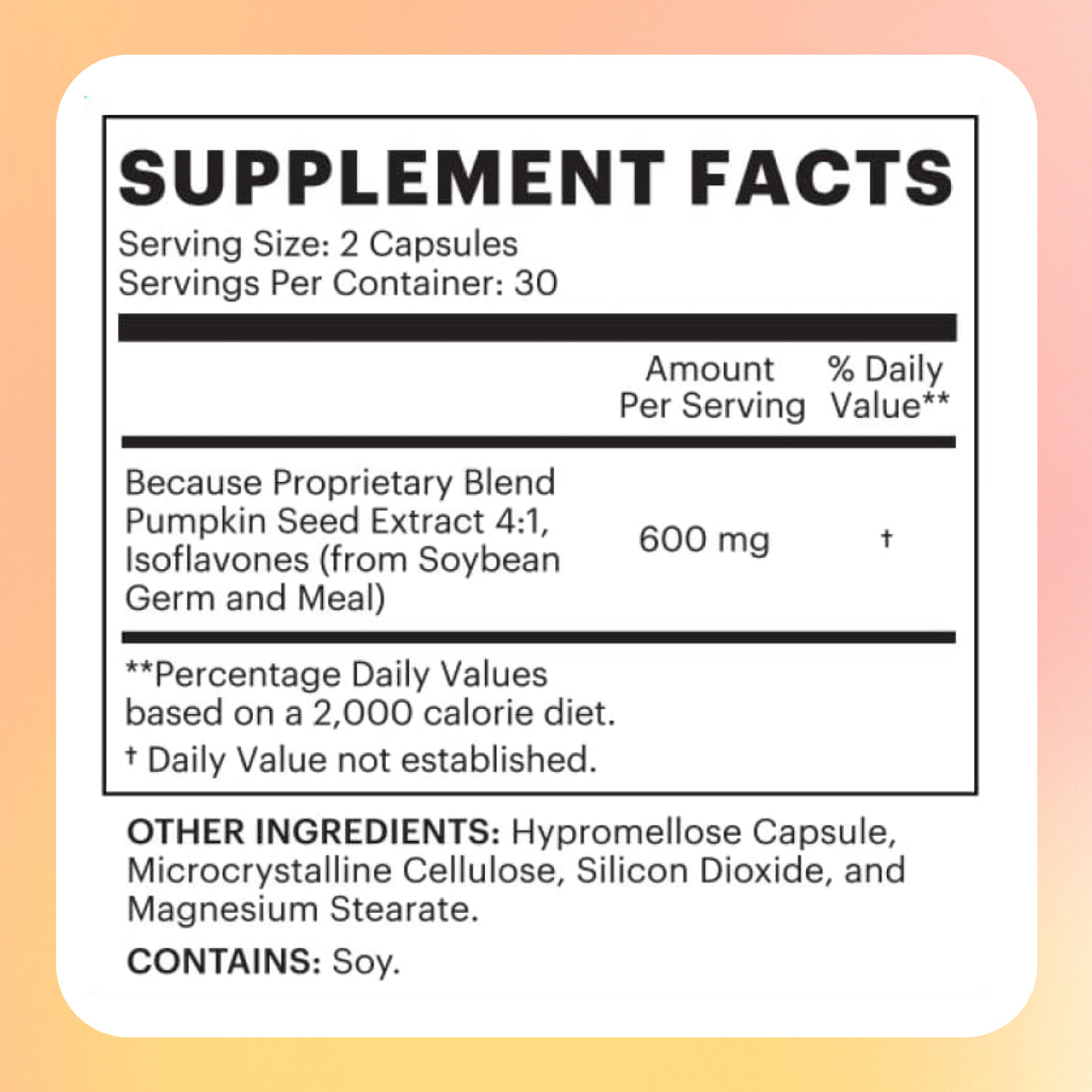 Bladder Control Supplement facts table and ingredients description.