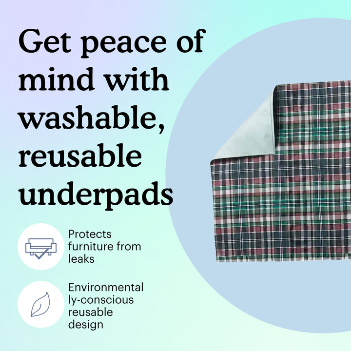 Reusable bed pad in plaid with text "Get peace of mind with washable, reusable underpads. Protects furniture from leaks. Environmentally-conscious reusable design." on light blue background