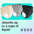 3 Because underwear products in beige, grey, and black with text "Absorbs up to 4 cups of liquid" on teal and light blue background.