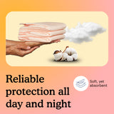 A hand holding a towel with cotton on it, featuring the words "reliable protection all day and night".