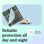Reusable bed pad in plaid with text "Reliable protection all day and night. It's soft, yet absorbent." on light blue background