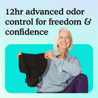 Women holding black Because underwear with text "12 hour advanced odor protection for freedom and confidence" on teal and light blue background.