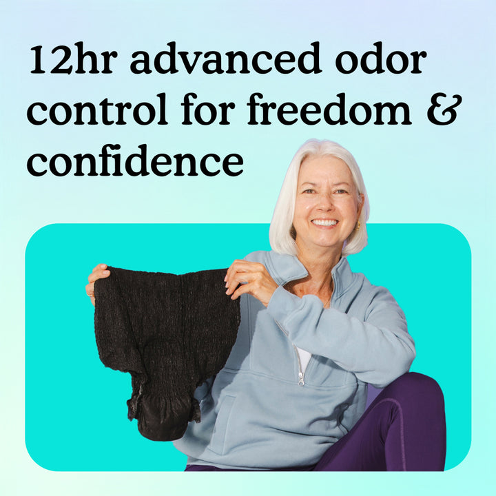 Women holding black Because underwear with text "12 hour advanced odor protection for freedom and confidence" on teal and light blue background.