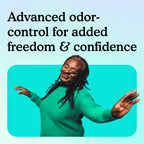 Woman in green with text "Advanced odor-control for added freedom & confidence" on teal background