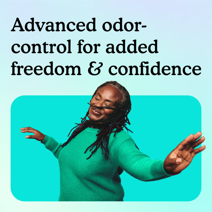 Woman in green with text "Advanced odor-control for added freedom & confidence" on teal background