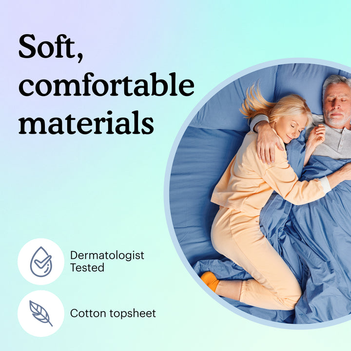 Couple in bed with text "Soft, comfortable materials. Dermatologist tested." on light blue background