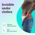 Model in green shirt pulling jeans over beige Because underwear with text "Invisible under clothes" on teal and light blue background.