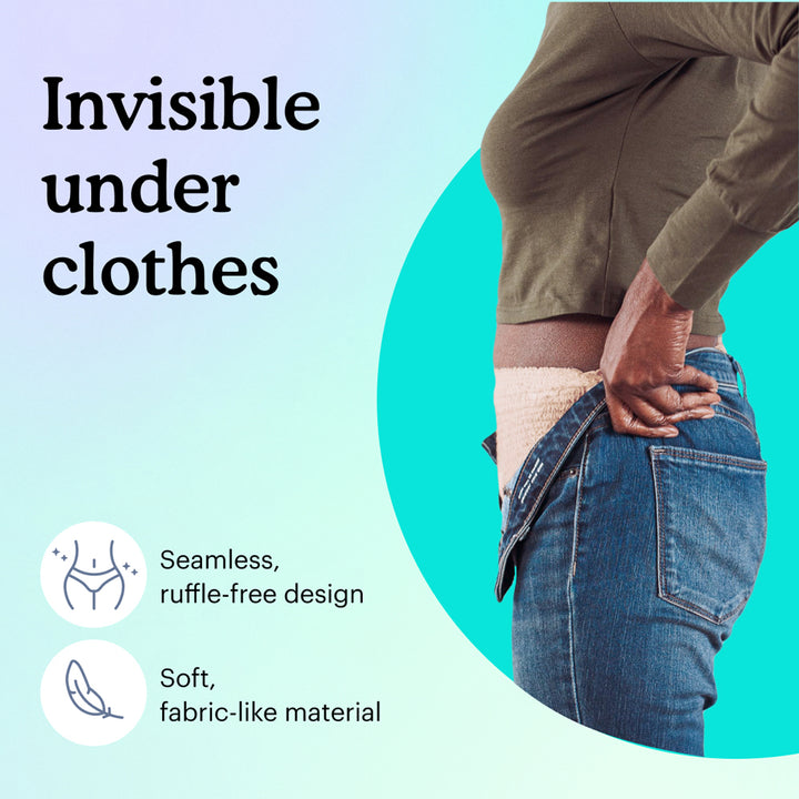Model in green shirt pulling jeans over beige Because underwear with text "Invisible under clothes" on teal and light blue background.