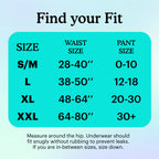 Size chart for Because underwear with waist and pant measurements on a teal background