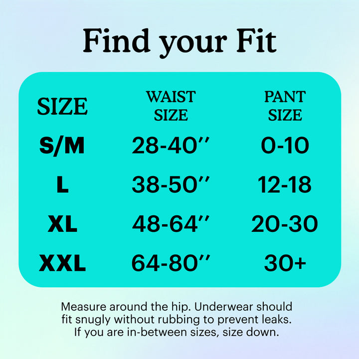 Size chart for Because underwear with waist and pant measurements on a teal background