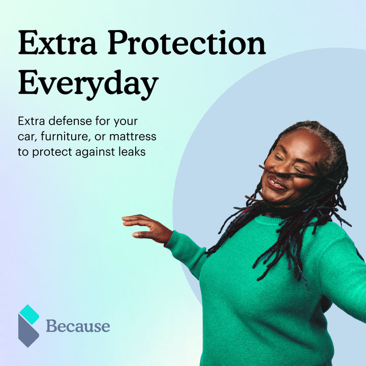 Woman in green shirt with text "Get extra protection everyday. Add extra defense to your car, furniture, or mattress protecting it against leaks." on light blue background
