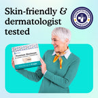 Woman holding Because premium maximum bladder control underwear package with text "Skin-Friendly and dermatologist tested" and "dermatologist approved" graphic on teal background.
