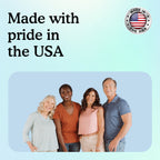 Group smiling with text "Made with pride in the USA." on light blue background