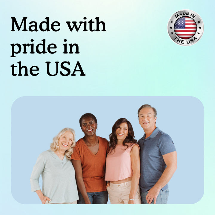 Group smiling with text "Made with pride in the USA." on light blue background