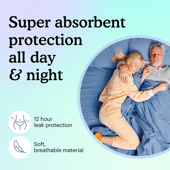 Couple in bed with text "Super absorbent protection all day & night" on light blue background