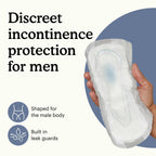 Hand holding Because men's guard with text "discreet incontinence protection for men" on white and blue background