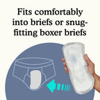 Because men's guard being held in a hand with text about comfort in briefs or boxer briefs, on a white background.