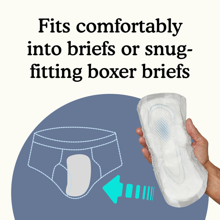 Because men's guard being held in a hand with text about comfort in briefs or boxer briefs, on a white background.