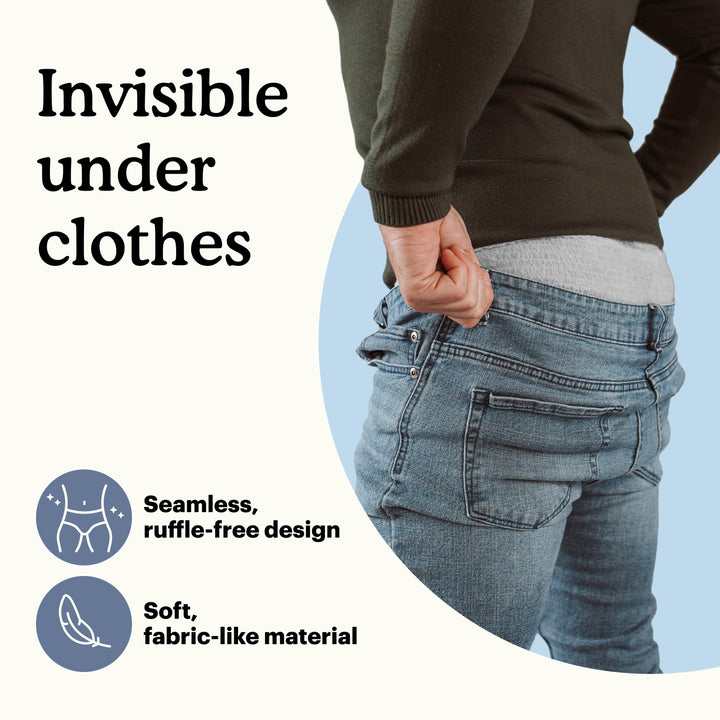 Model pulling jeans over Because underwear with text and icons about product features on a white background