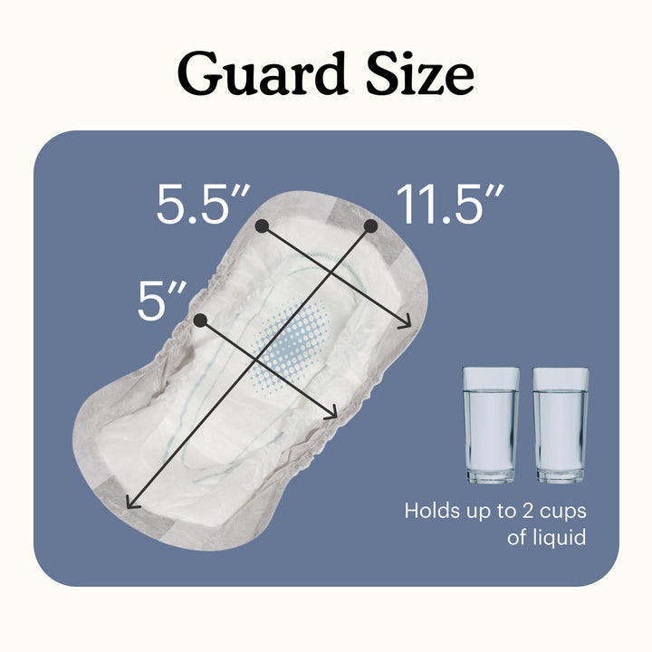 Measurement chart for Because men's guard size with dimensions and liquid capacity indicated.