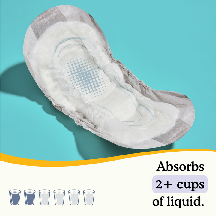 Opened Because men's premium guard with text "absorbs 2+ cups of liquid" on teal and white background. 