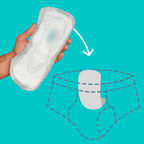 Hand holding Because premium guard for men with graphic on how to place in underwear on a teal background.