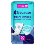 Packshot of the teal and navy Because Men's Guards Maximum Protection package, 20 count, marked absorbs up to 2 cups with a urologist recommended up to 12 hour leak control badge.