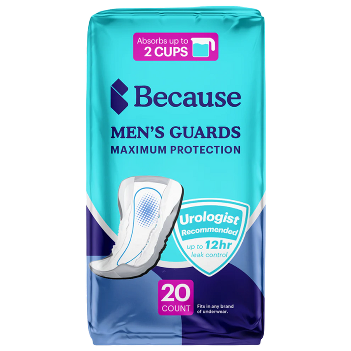 Packshot of the teal and navy Because Men's Guards Maximum Protection package, 20 count, marked absorbs up to 2 cups with a urologist recommended up to 12 hour leak control badge.