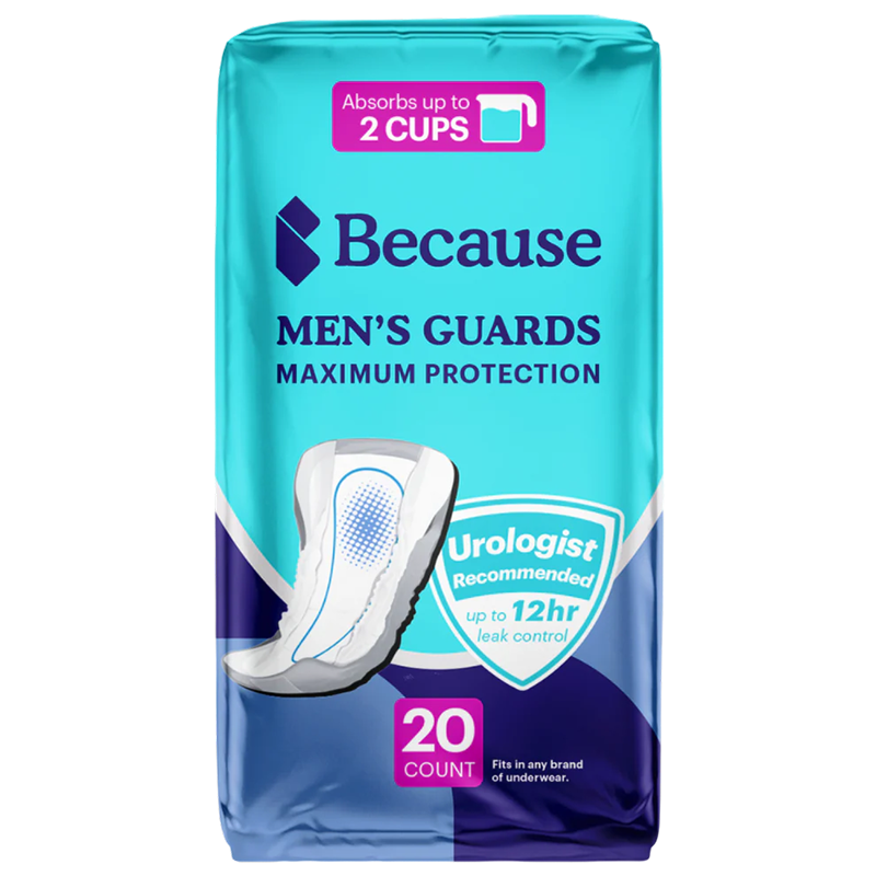 Packshot of the teal and navy Because Men's Guards Maximum Protection package, 20 count, marked absorbs up to 2 cups with a urologist recommended up to 12 hour leak control badge.