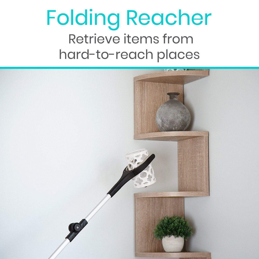 A folding reacher to retrieve hard-to-reach items.