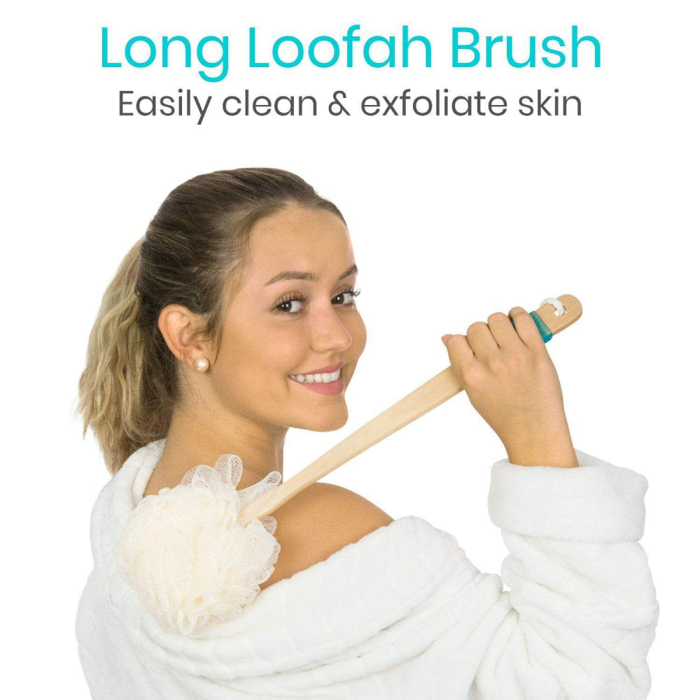 A long loofah brush to assist in the bath.
