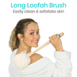 A long loofah brush to assist in the bath.