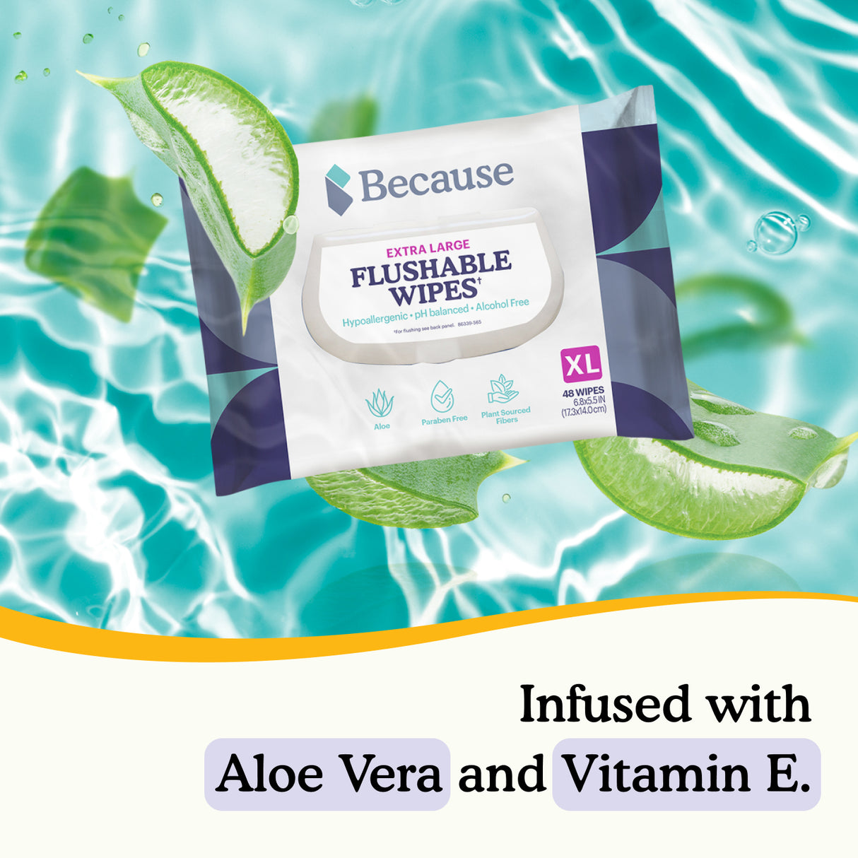Flushable wipes package infused with aloe vera and vitamin E.
