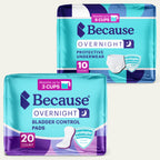 Two packages of Because overnight protective underwear and bladder control pads on a white background