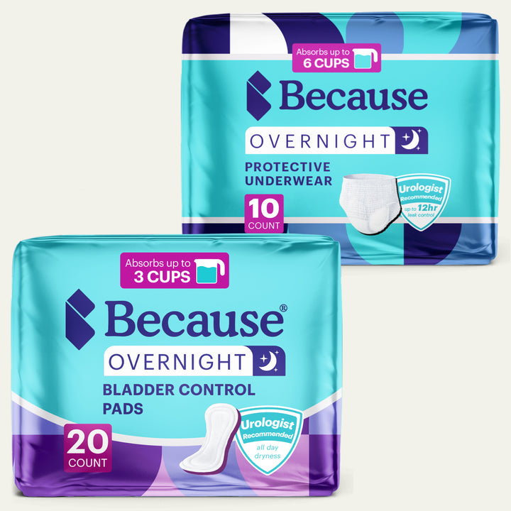Two packages of Because overnight protective underwear and bladder control pads on a white background