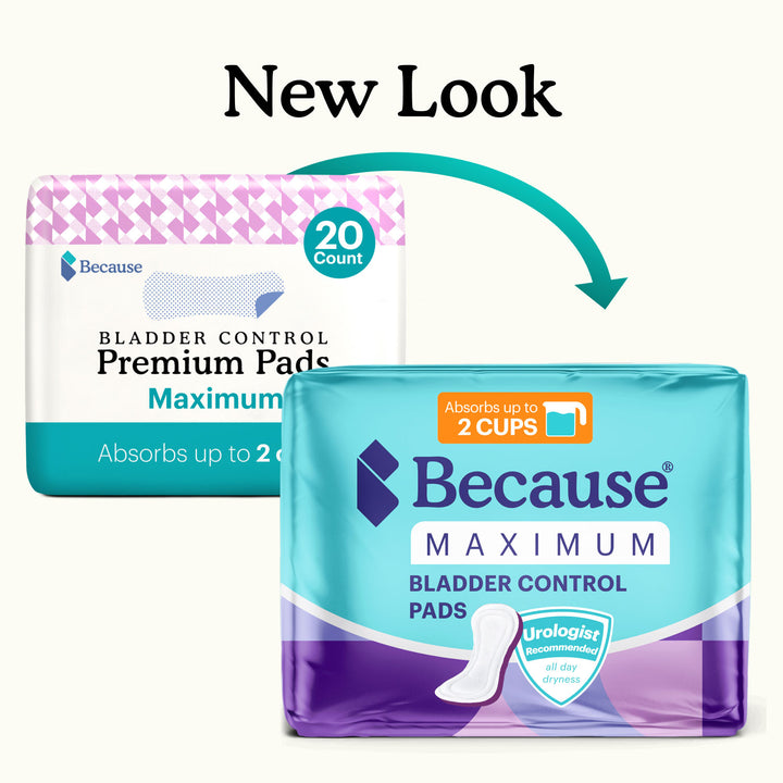 Because maximum bladder control pads packaging with "new look" text on a white background.